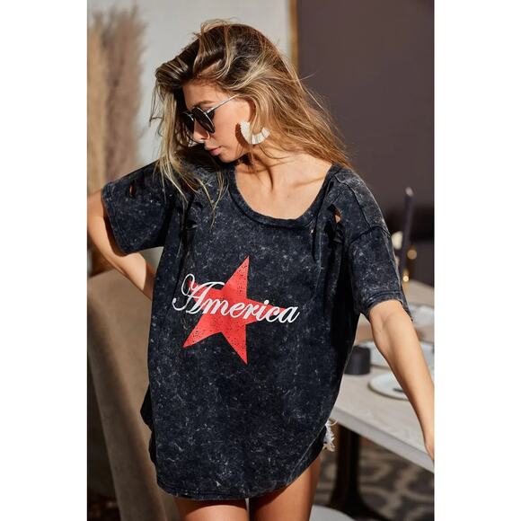 BiBi Laser Cut Mineral Washed American Print Short Sleeves Top | Black Charcoal - Picture 4 of 9